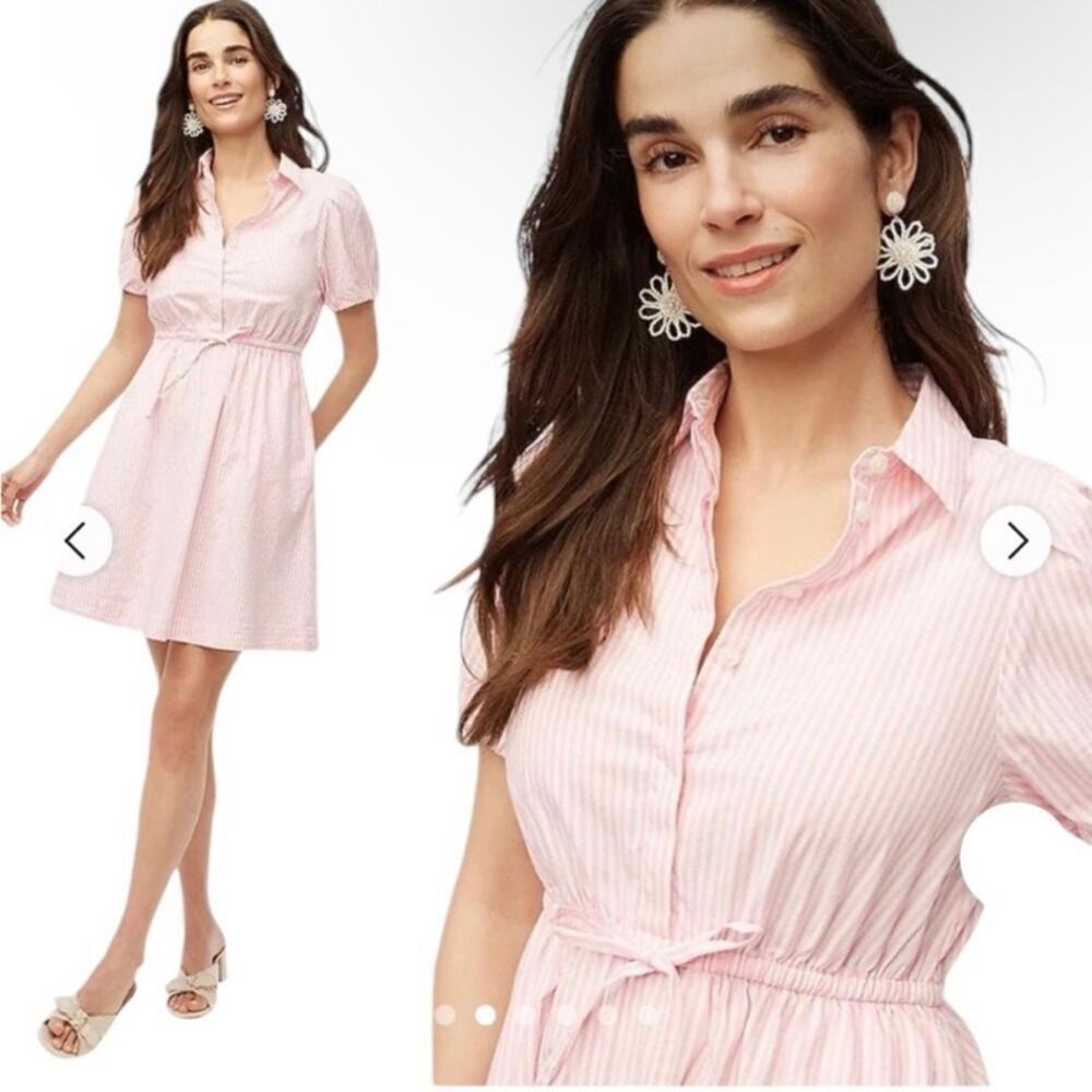 J.Crew Sz 14 Short-sleeve Collared Mini Dress Pink & White Striped Preppy NWT